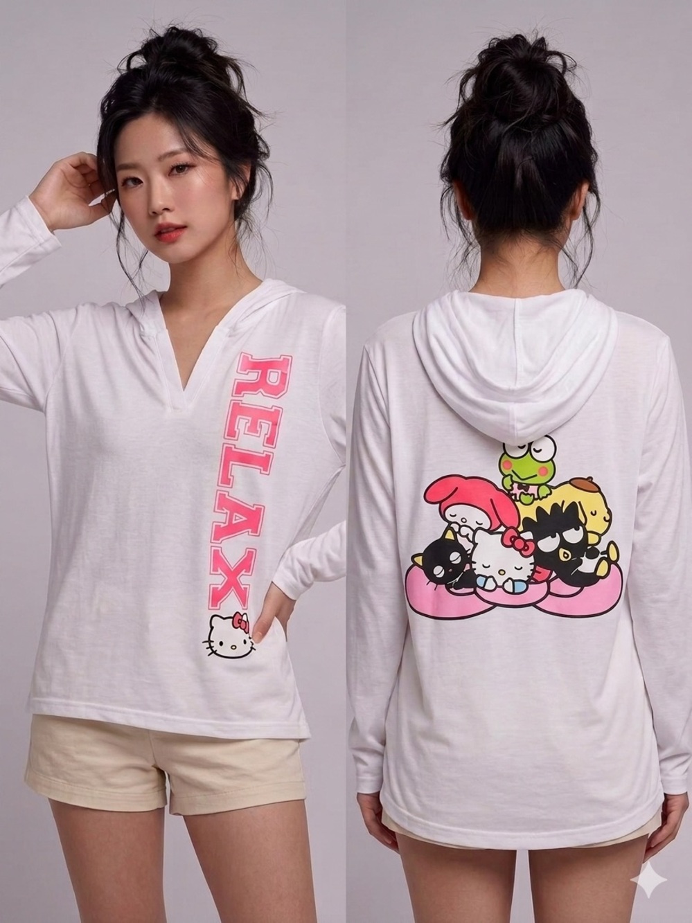 Universal White Hooded Long-Sleeve Top with Pink "RELAX" & Sanrio Graphic